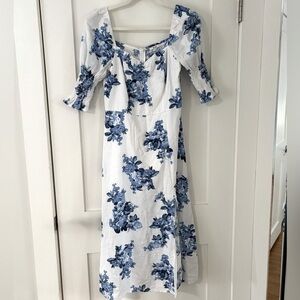 MI AMI | Floral Blue and White linen blend midi Dress, small